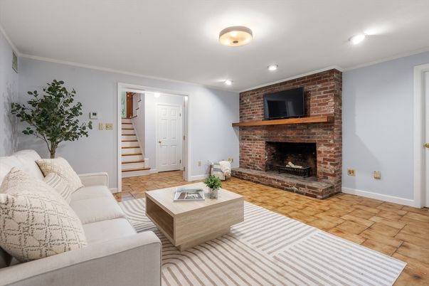 Fireplace, Interior, Living room, Recessed Lighting, Stone Walls
