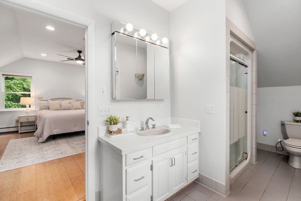 Bathroom, Bedroom, Dual Sink Vanities, Glass Shower, Interior, Recessed Lighting, Wood Texture Flooring