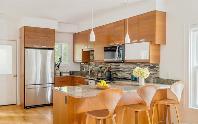 Interior, Kitchen, Pendant Lights, Stainless Steel Appliances, Wood Texture Flooring