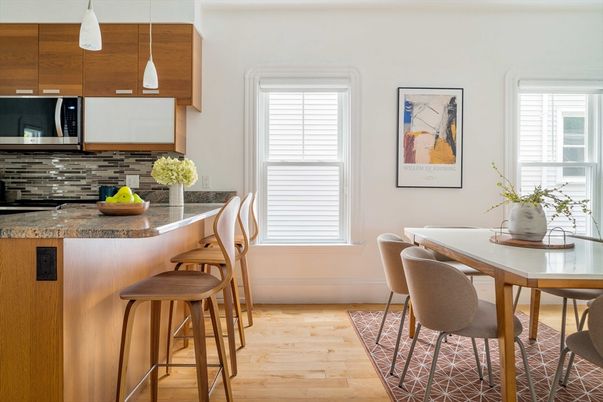 Dining room, Interior, Kitchen, Pendant Lights, Wood Texture Flooring