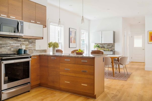 Dining room, Interior, Kitchen, Pendant Lights, Recessed Lighting, Stainless Steel Appliances, Wood Texture Flooring