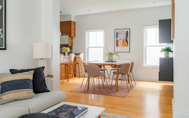 Dining room, Interior, Living room, Recessed Lighting, Wood Texture Flooring