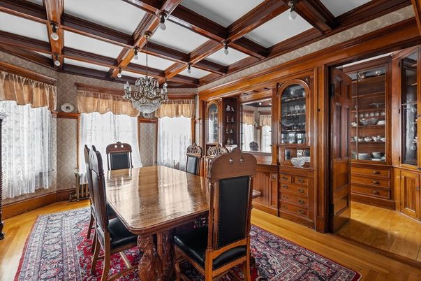 Chandelier, Dining room, Interior, Wooden Beams, Wood Texture Flooring