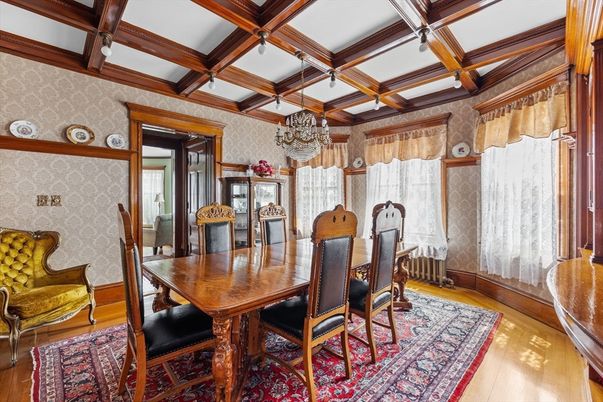 Chandelier, Dining room, Interior, Wooden Beams, Wood Texture Flooring