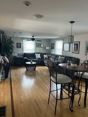 Dining room, Interior, Living room, Pendant Lights, Wood Texture Flooring