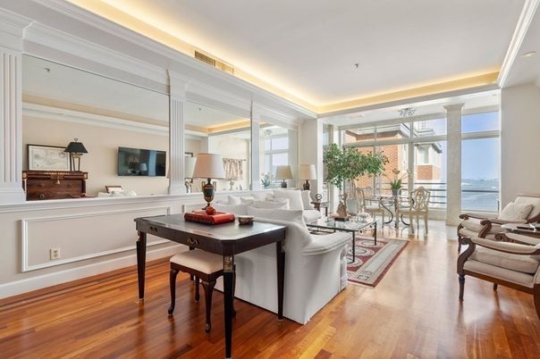 Dining room, Interior, Living room, Recessed Lighting, Water, Wood Texture Flooring