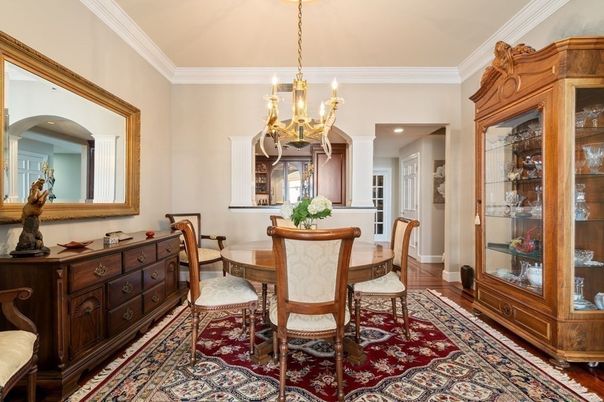 Chandelier, Dining room, Interior, Recessed Lighting, Wood Texture Flooring