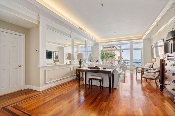 Dining room, Interior, Living room, Recessed Lighting, Water, Wood Texture Flooring