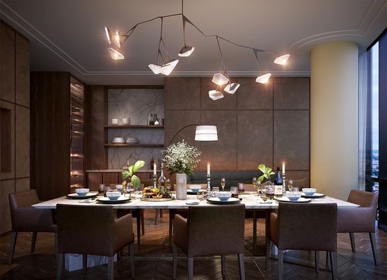 Dining room, Interior, Pendant Lights, Wood Texture Flooring