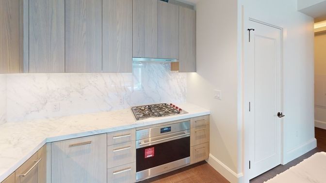 Interior, Kitchen, Marble Walls, Stainless Steel Appliances, Wood Texture Flooring