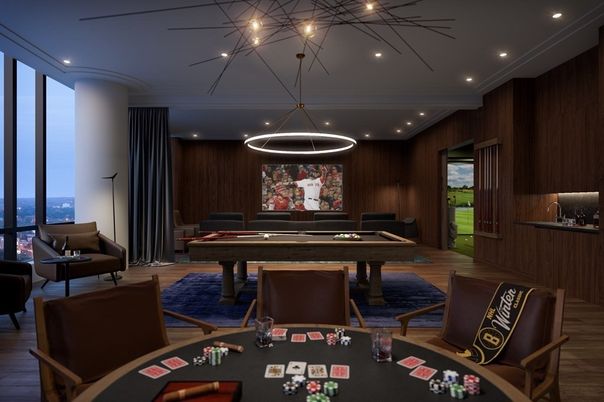 Billiard Table, Game Room, Interior, Pendant Lights, Recessed Lighting, Wood Texture Flooring, Wooden Walls