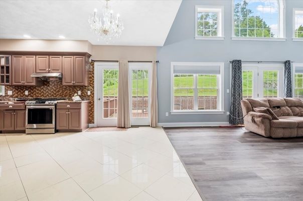 Chandelier, Interior, Kitchen, Recessed Lighting, Stainless Steel Appliances, Wood Texture Flooring