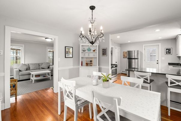 Chandelier, Dining room, Interior, Kitchen, Living room, Recessed Lighting, Stainless Steel Appliances, Wood Texture Flooring