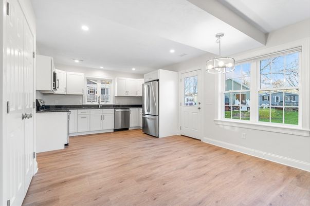 Interior, Kitchen, Pendant Lights, Recessed Lighting, Stainless Steel Appliances, Wood Texture Flooring