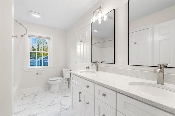 Bathroom, Dual Sink Vanities, Interior, Marble, Recessed Lighting