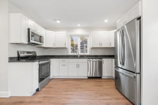 Interior, Kitchen, Recessed Lighting, Stainless Steel Appliances, Wood Texture Flooring