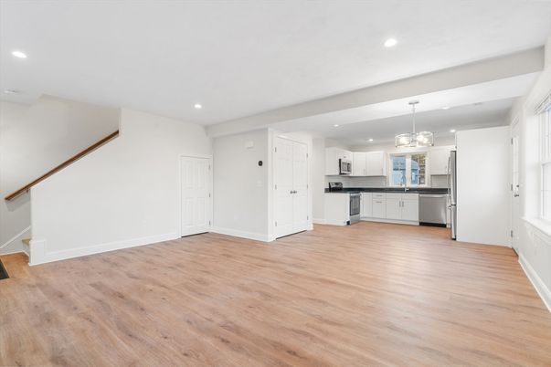 Chandelier, Empty room, Interior, Kitchen, Recessed Lighting, Wood Texture Flooring