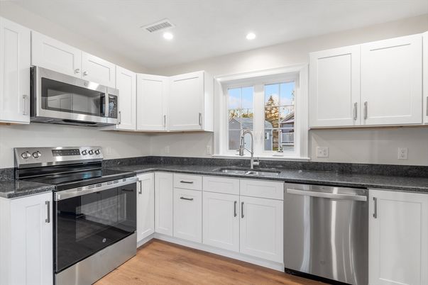 Interior, Kitchen, Recessed Lighting, Stainless Steel Appliances, Wood Texture Flooring