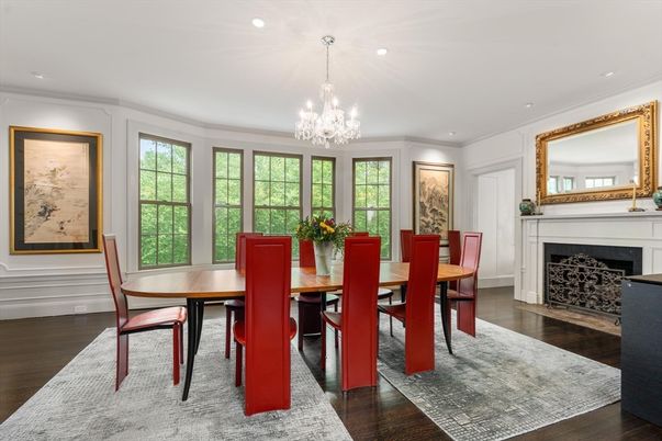 Chandelier, Dining room, Fireplace, Interior, Recessed Lighting, Wood Texture Flooring