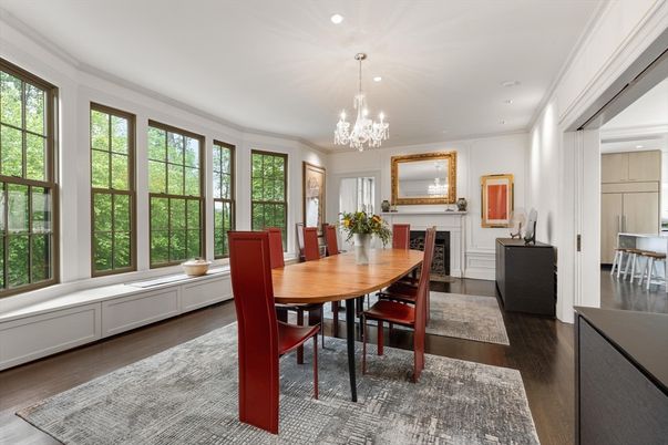 Chandelier, Dining room, Fireplace, Interior, Recessed Lighting, Wood Texture Flooring