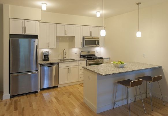Interior, Kitchen, Pendant Lights, Stainless Steel Appliances, Wood Texture Flooring