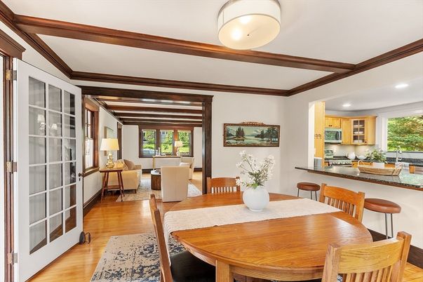 Dining room, Interior, Kitchen, Living room, Recessed Lighting, Wooden Beams, Wood Texture Flooring
