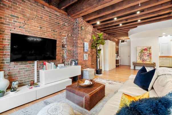 Interior, Living room, Recessed Lighting, Stone Walls, Wooden Beams, Wood Texture Flooring