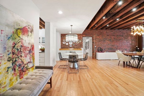 Chandelier, Dining room, Interior, Pendant Lights, Recessed Lighting, Stone Walls, Wooden Beams, Wood Texture Flooring