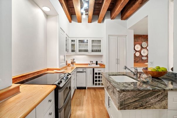 Interior, Kitchen, Recessed Lighting, Wooden Beams, Wooden Ceilings, Wood Texture Flooring