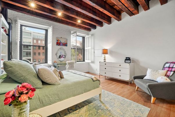 Bedroom, Interior, Recessed Lighting, Wooden Beams, Wood Texture Flooring