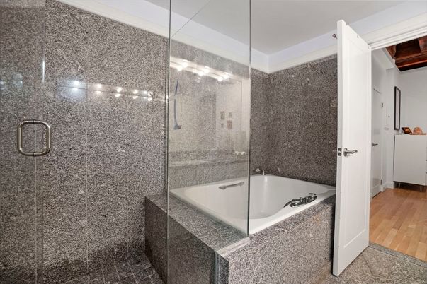 Bathroom, Glass Shower, Interior, Wood Texture Flooring