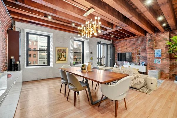 Chandelier, Dining room, Fireplace, Interior, Living room, Pendant Lights, Stone Walls, Wooden Beams, Wooden Ceilings, Wood Texture Flooring