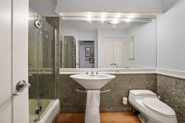 Bathroom, Glass Shower, Interior, Wood Texture Flooring