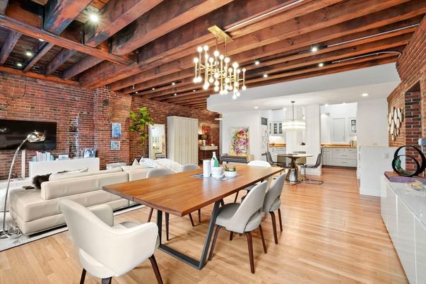Chandelier, Dining room, Interior, Kitchen, Living room, Pendant Lights, Recessed Lighting, Stone Walls, Wooden Beams, Wooden Ceilings, Wood Texture Flooring