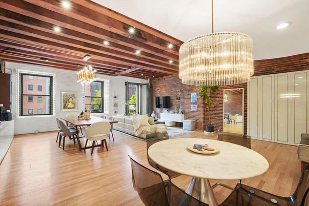 Chandelier, Dining room, Interior, Living room, Recessed Lighting, Stone Walls, Wooden Beams, Wood Texture Flooring