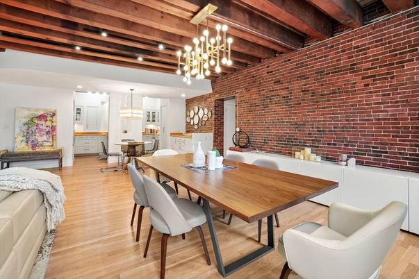 Chandelier, Dining room, Interior, Kitchen, Pendant Lights, Recessed Lighting, Stone Walls, Wooden Beams, Wooden Ceilings, Wood Texture Flooring