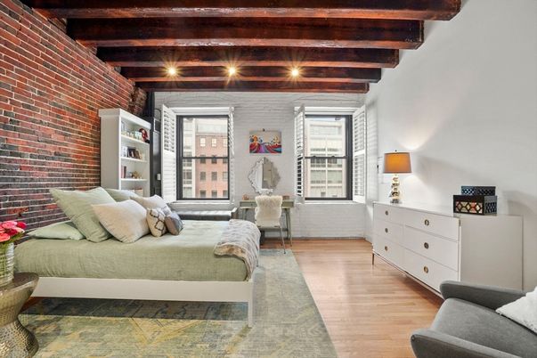 Bedroom, Interior, Stone Walls, Wooden Beams, Wood Texture Flooring