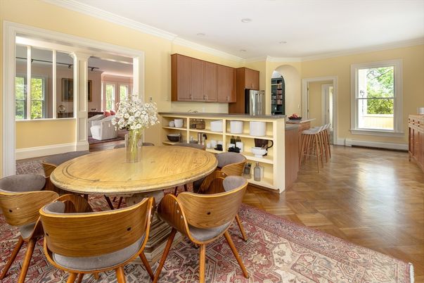 Dining room, Interior, Kitchen, Recessed Lighting, Stainless Steel Appliances, Wood Texture Flooring