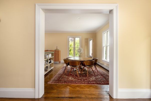Dining room, Interior, Recessed Lighting, Wood Texture Flooring