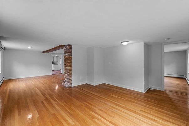 Empty room, Interior, Recessed Lighting, Stone Walls, Wood Texture Flooring