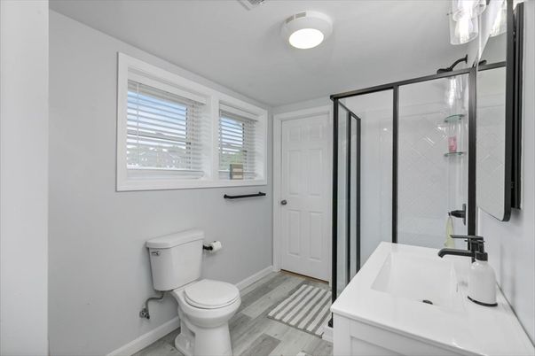 Bathroom, Glass Shower, Interior, Wood Texture Flooring