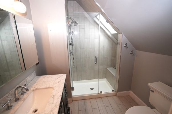 Bathroom, Glass Shower, Interior, Wood Texture Flooring