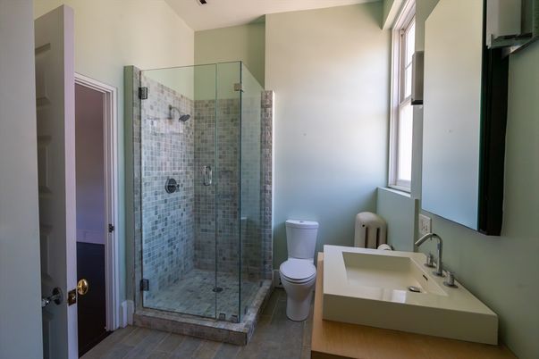 Bathroom, Glass Shower, Interior, Wood Texture Flooring
