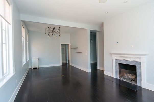 Empty room, Fireplace, Interior, Recessed Lighting, Wood Texture Flooring