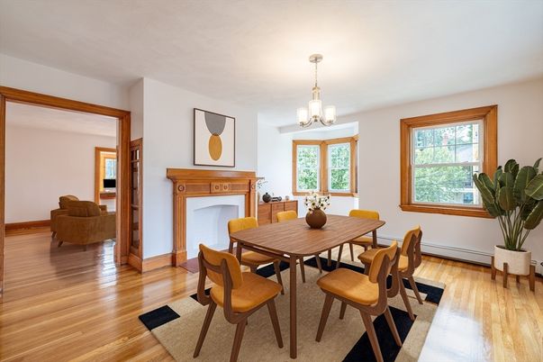 Chandelier, Dining room, Fireplace, Interior, Wood Texture Flooring