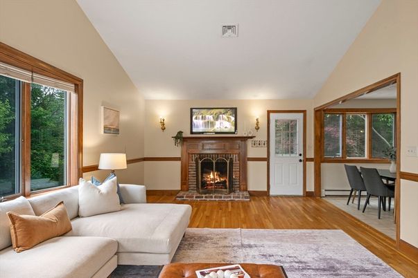 Dining room, Fireplace, Interior, Living room, Wood Texture Flooring