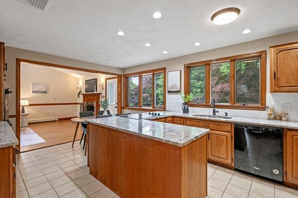 Fireplace, Interior, Kitchen, Recessed Lighting, Wood Texture Flooring