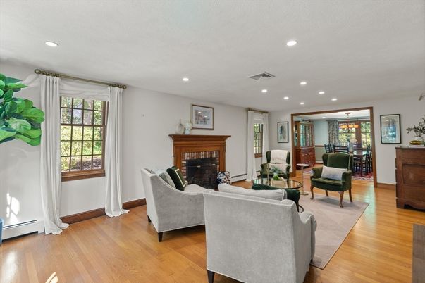 Dining room, Fireplace, Interior, Living room, Recessed Lighting, Wood Texture Flooring