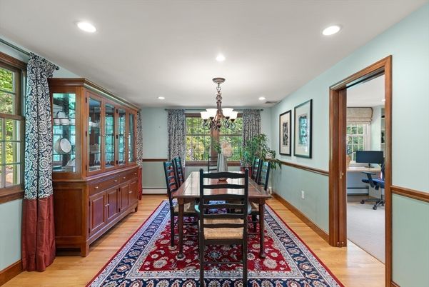 Chandelier, Dining room, Interior, Recessed Lighting, Wood Texture Flooring