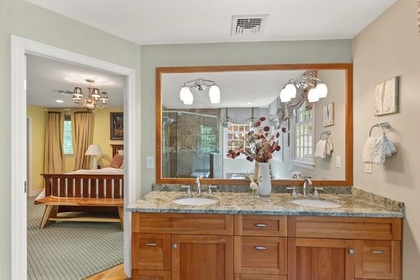 Bathroom, Dual Sink Vanities, Glass Shower, Interior, Wood Texture Flooring